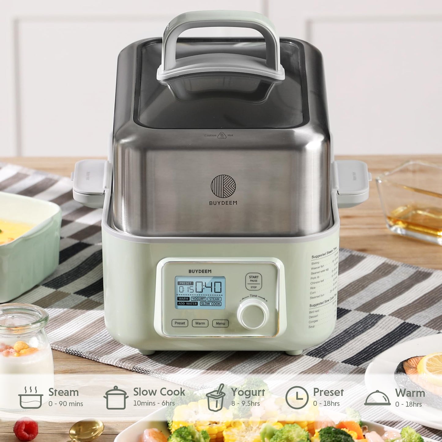 BUYDEEM G553 5-Quart Electric Food Steamer for 2-4 Servings, One Touch Vegetable Steamer for Cooking, Digital Multifunctional Steamer, Quick Steam, Stainless Steel Steamer Tray, No Stew Pots Included