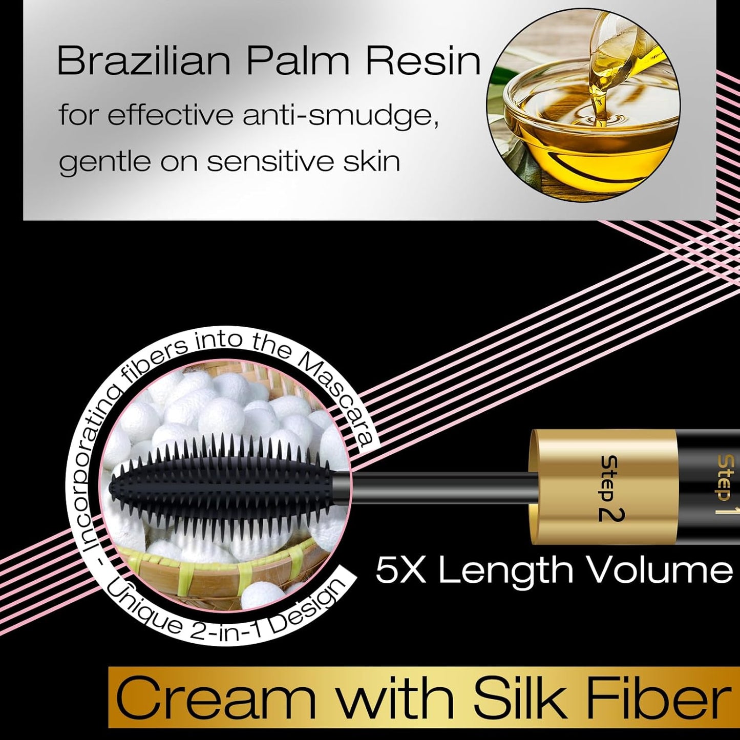Voluminous Lengthening Waterproof Mascara - 2 in 1 Black Falsies, Smudge Proof & Long-Lasting