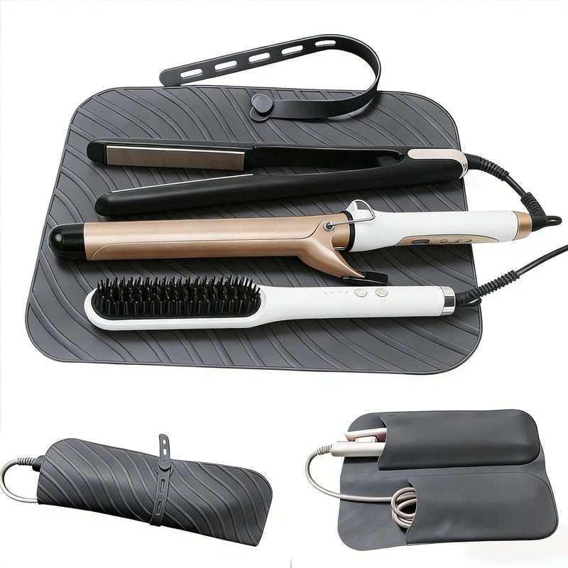 Silicone Heat Resistant Mat Pouch - 2 in 1 Portable Travel Bag for Curling Iron & Hair Tools | Black