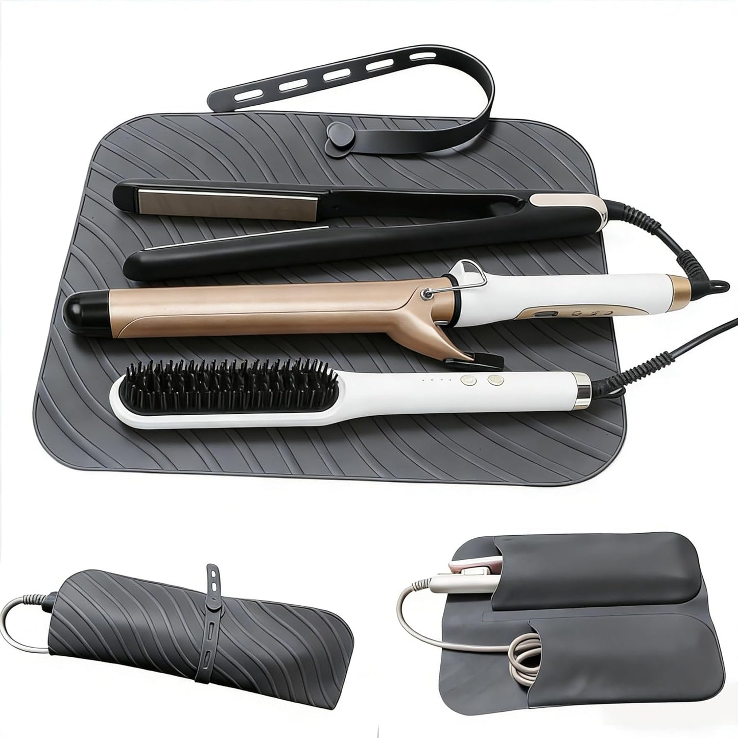 Silicone Heat Resistant Mat Pouch - 2-in-1 Portable Travel Storage Bag for Curling Iron & Hair Tools | Black
