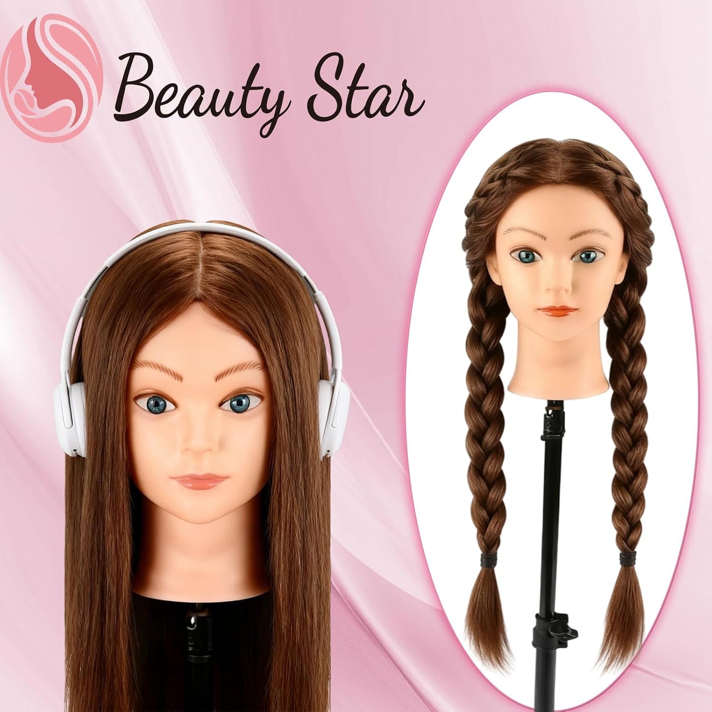Beauty Star Mannequin Head - 18-Inch Real Human Hair Styling Head for Braiding & Cosmetology Training | Dark Brown Hair, Blue Eyes