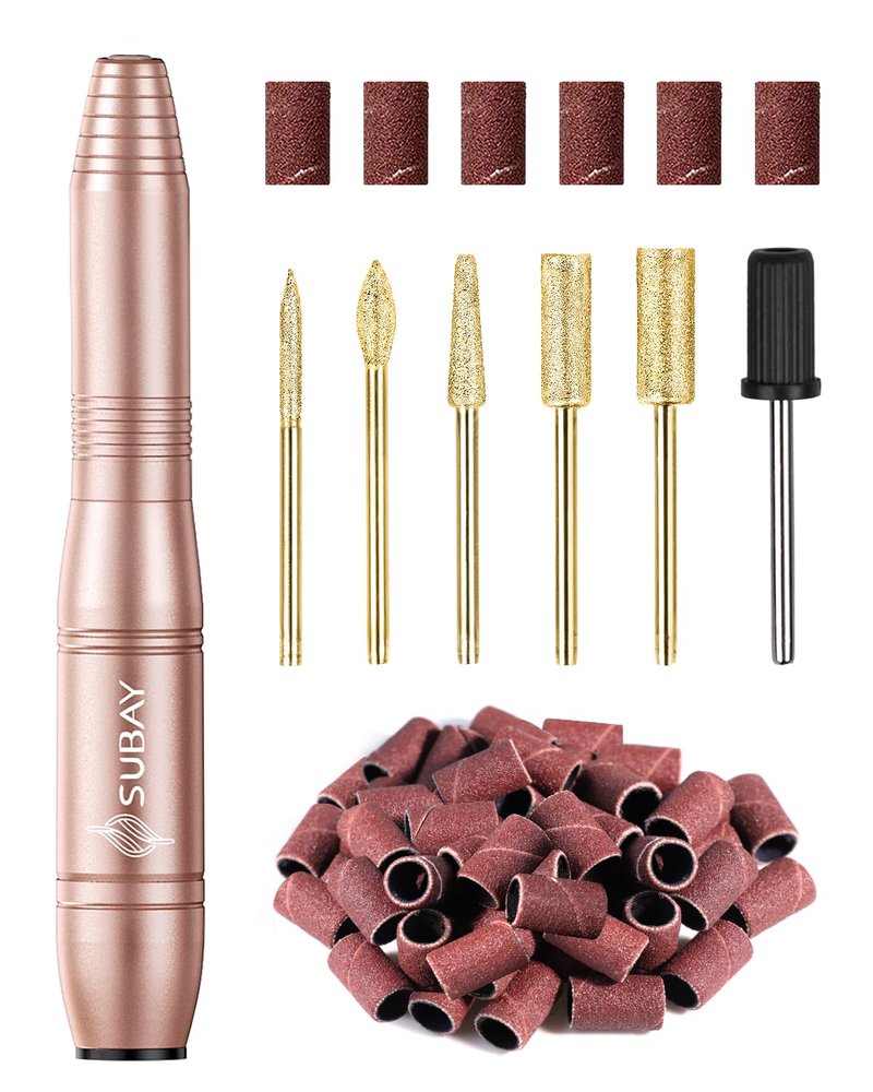 Subay Electric Nail File, Nail Drill Machine for Acrylic Gel Nails, Portable USB Nail Drill Kit Set with 6 Nail Drill Bits & 26 Sanding Bands for Home and Salon Use - Gold