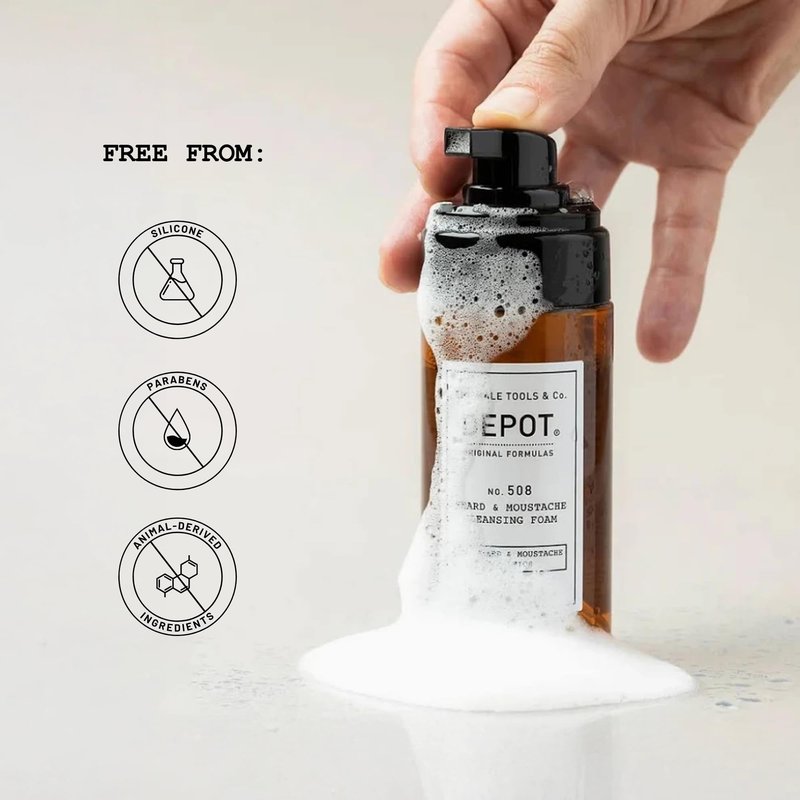 DEPOT No. 508 Cleansing Beard & Moustache Foam 100ml – Gentle Beard Wash with Macadamia Oil, Aloe Vera & Lemon Essential Oil for Hydrated, Soft, Refreshing Facial Hair