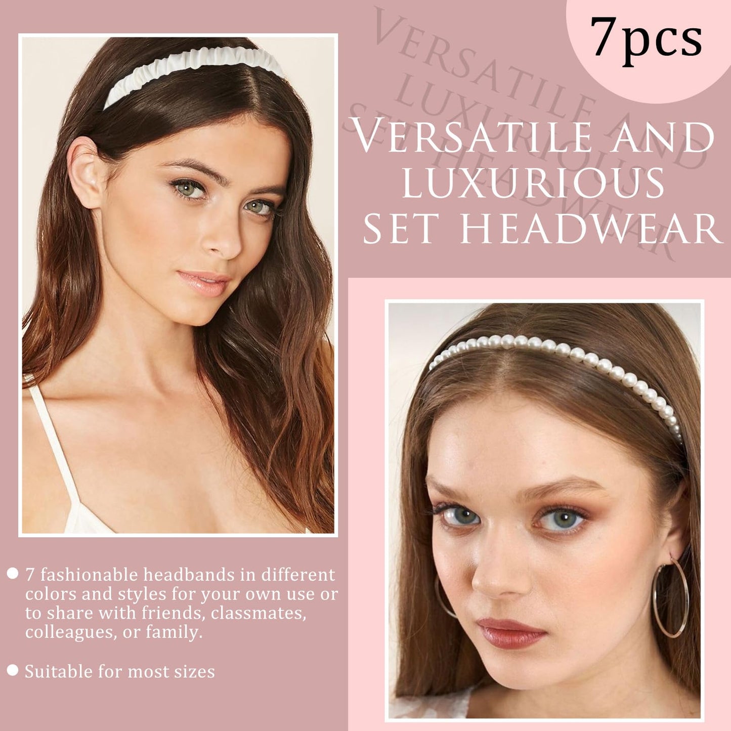 7Pcs Fashion Headband Set with Different Designs: Non-Slip Padded Headbands, Cute Pearl and Vintage Wide Styles for Women and Girls (Pink)