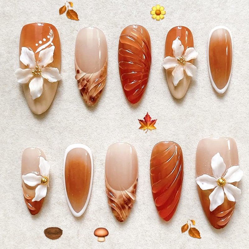 Flower Press-On Nails - Almond Medium Hibiscus Design with 3D Gold Beads | Spring Summer Acrylic Fake Nails for Women