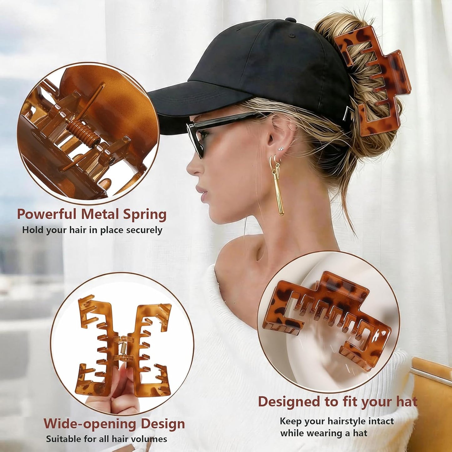Hat-Friendly Claw Clips - 4 Pack Tortoise Shell Hair Clips for Baseball Caps | Strong Hold for Thick & Thin Hair