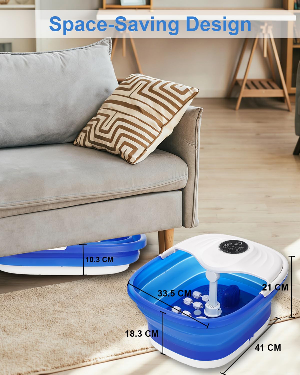 Misiki Collapsible Foot Spa Bath with Heat, Remote Control & 16 Massage Rollers, Fast Heating Pedicure Tub for Relaxing Tired Feet, Foot Soaker with Surf & Red Light, Fits Men Size 12 (Royal Blue)