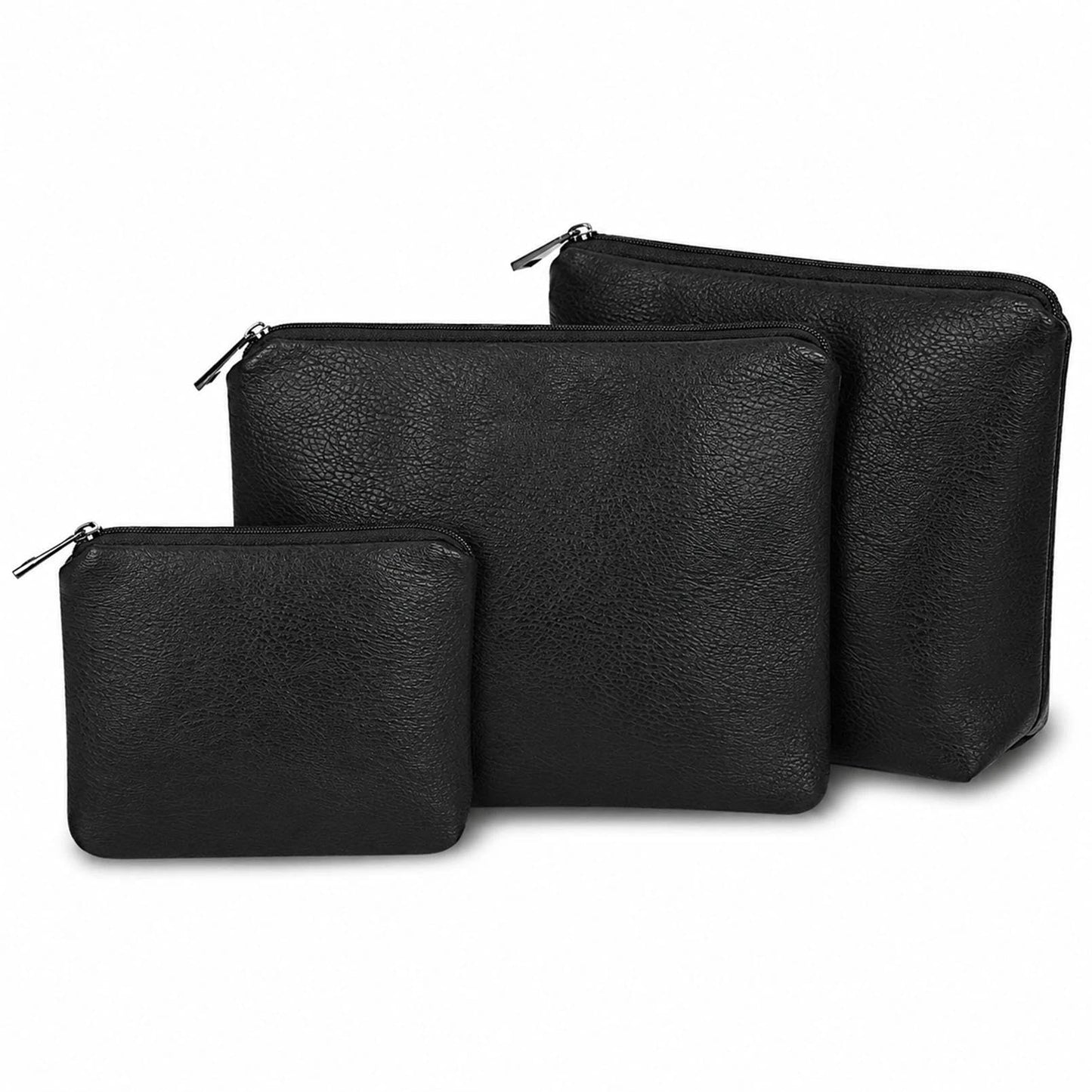 BBORGDC Small Cosmetic Bag Set of 3 for Purse, Black PVC Cosmetic Pouches, 3 Sizes Zipper Organizer for Travel & Toiletries, Gift for Her Birthday, Wife & Mom