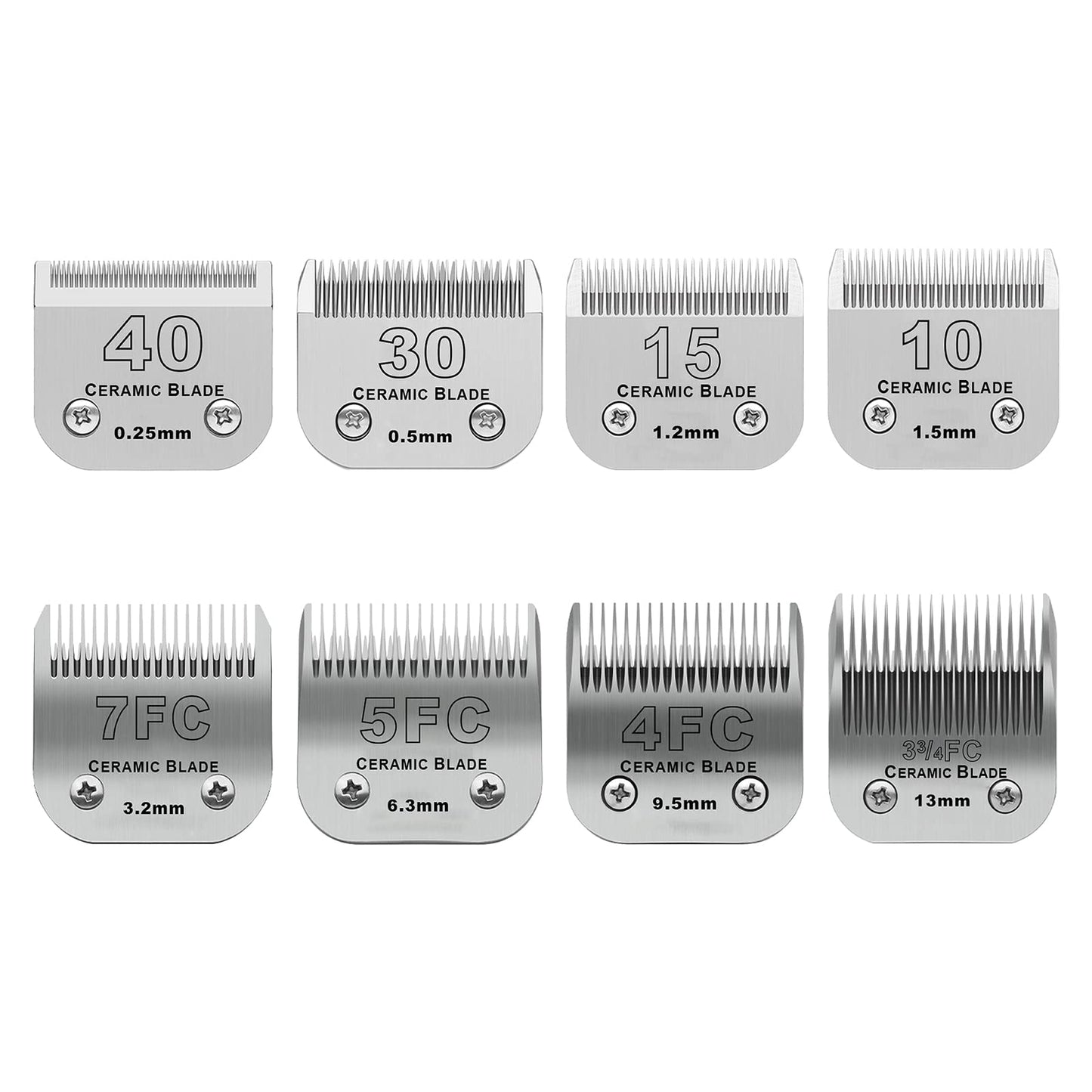Size 40/30/15/10/7FC/5FC/4FC/3FC Detachable Pet Dog Grooming Clipper Ceramic Blades Set,Compatible with Andis,Oster A5,Wahl KM10 Series Clippers,Cut Length 1/100"(0.25mm) to 1/2"(13mm),8 Pack