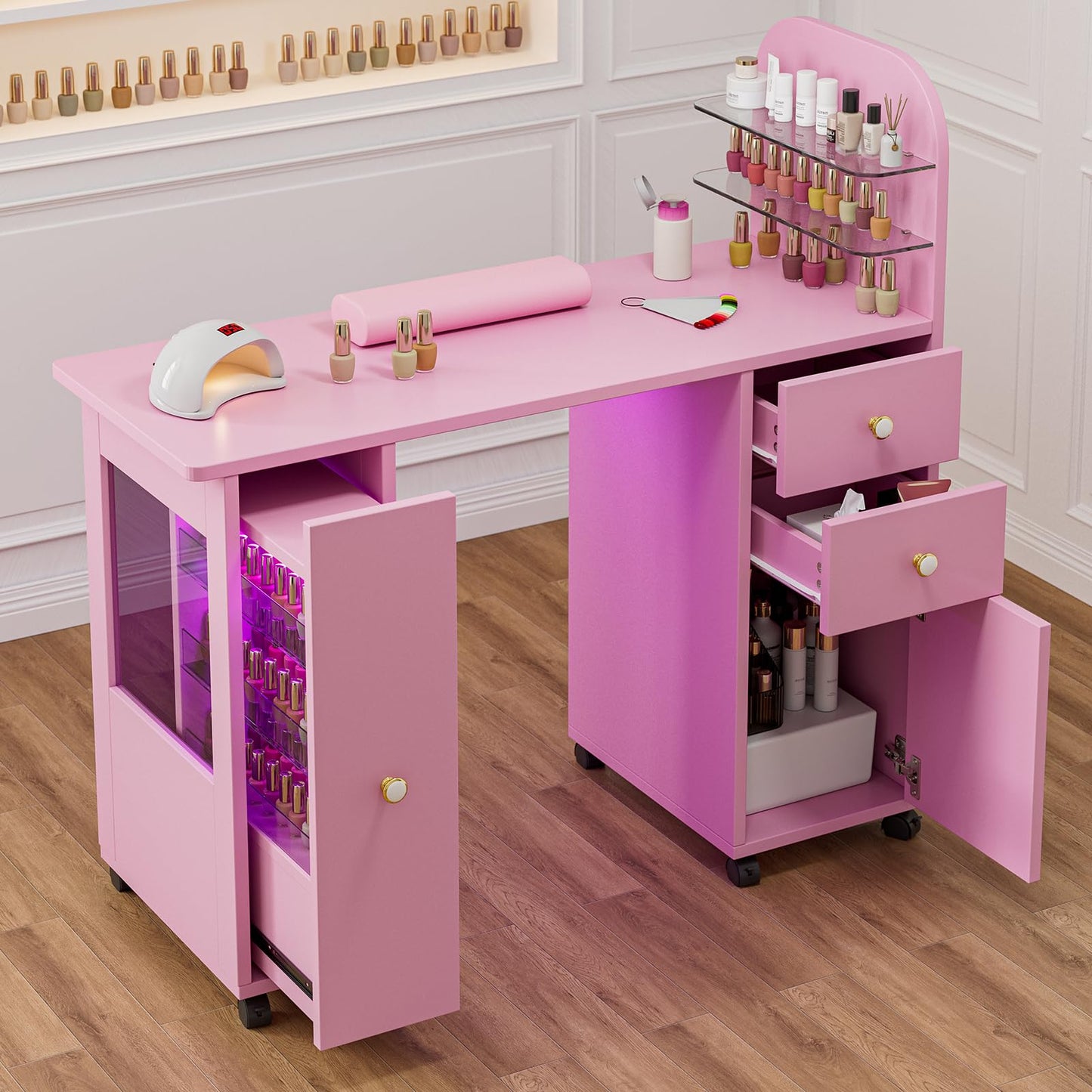 TTGIEET Professional Nail Desk for Nail Tech w/LED Light Display Cabinet, Rolling Manicure Table with Lockable Wheels, Storage Drawers, Wrist Cushion, Acetone Resistant, for Beauty Salon, Spa & Home