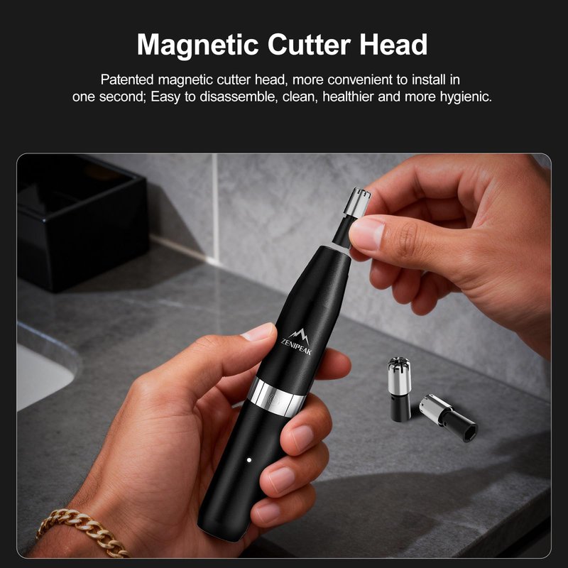 ZENIPEAK Professional Nose Hair Trimmer for Men & Women, USB-C Rechargeable Electric Ear & Nasal Clipper, Micro-Vacuum, Painless 8000 RPM, 3 Patented Magnetic Heads, Waterproof Travel Kit.