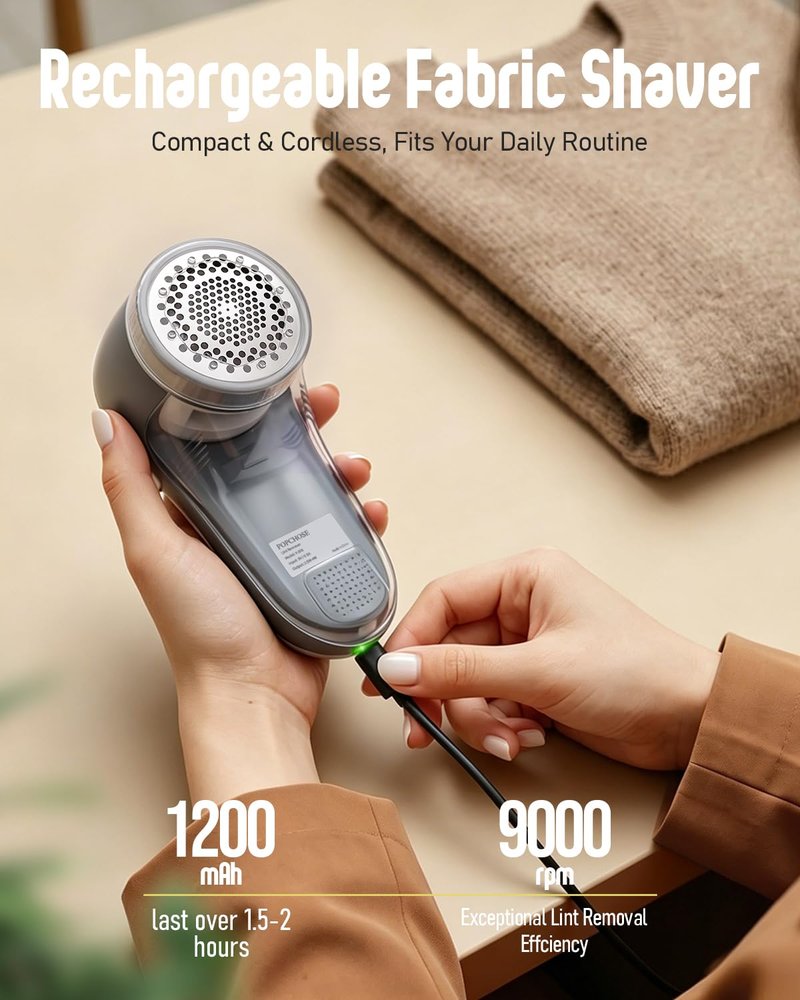 POPCHOSE Fabric Shaver, Lint Shaver for Clothing, Electric Lint Remover with 6-Leaf Blades, Sweater Defuzzer, Clothes Shaver for Couch, Furniture, Blanket, Remove Pilling, USB Rechargeable