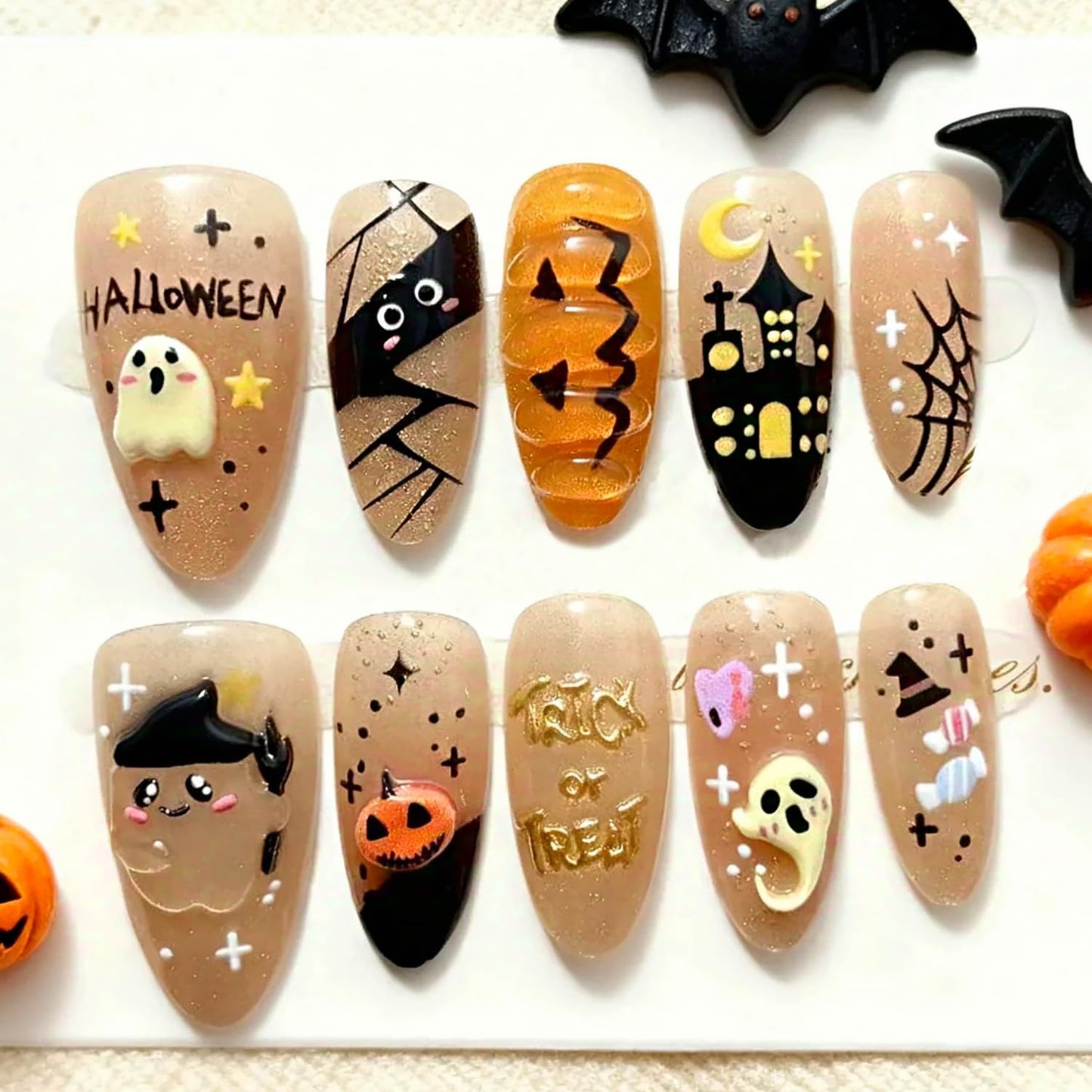 French Tip Press-On Nails - 24 Pcs Medium Almond with 3D Flower & Gold Rhinestones | Full Cover Nude Artificial Nails
