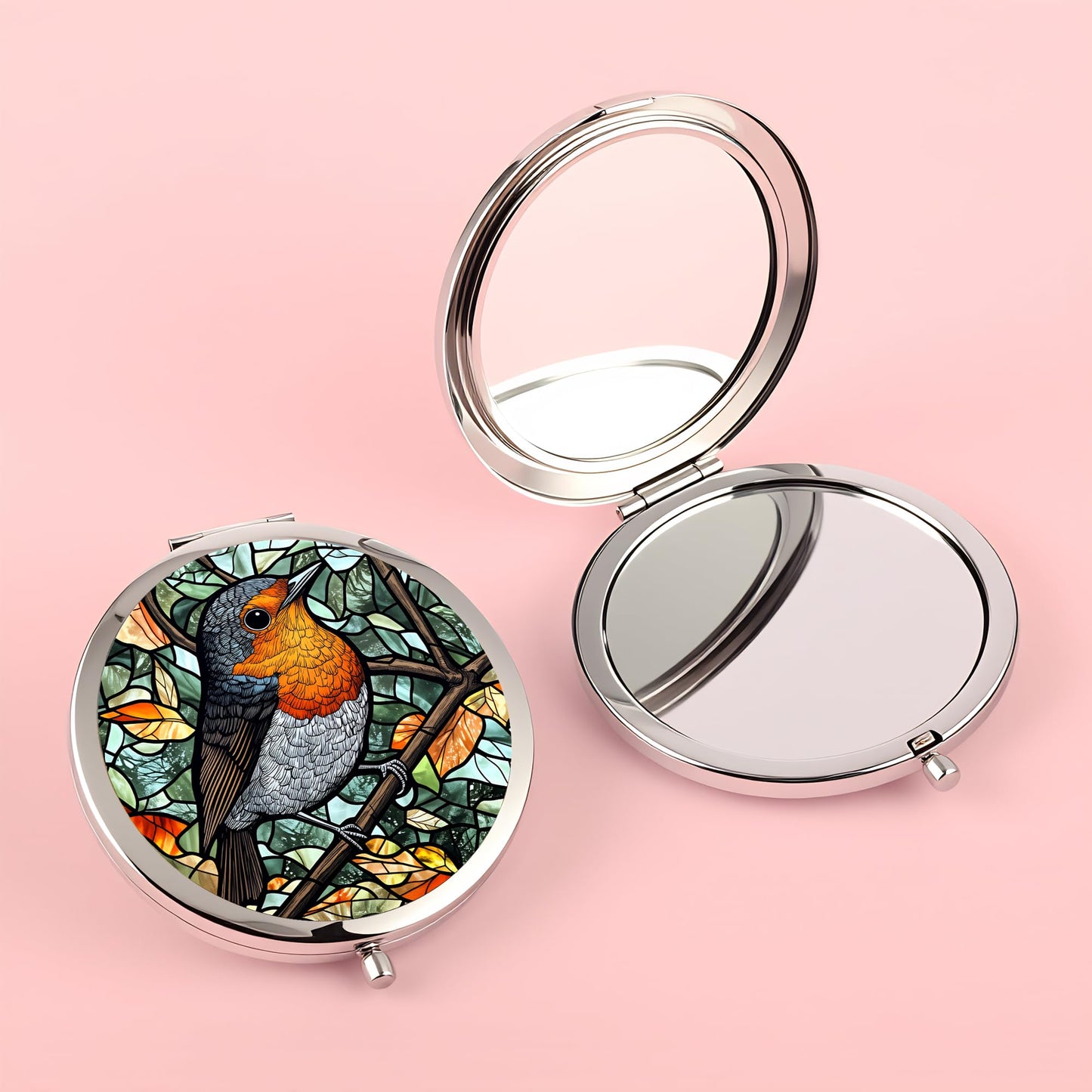 Silver Compact Mirror, 2.8x2.8inch Double-Sided Folding Makeup Mirror with Robin Bird Stained Design, Ideal Gift for Women