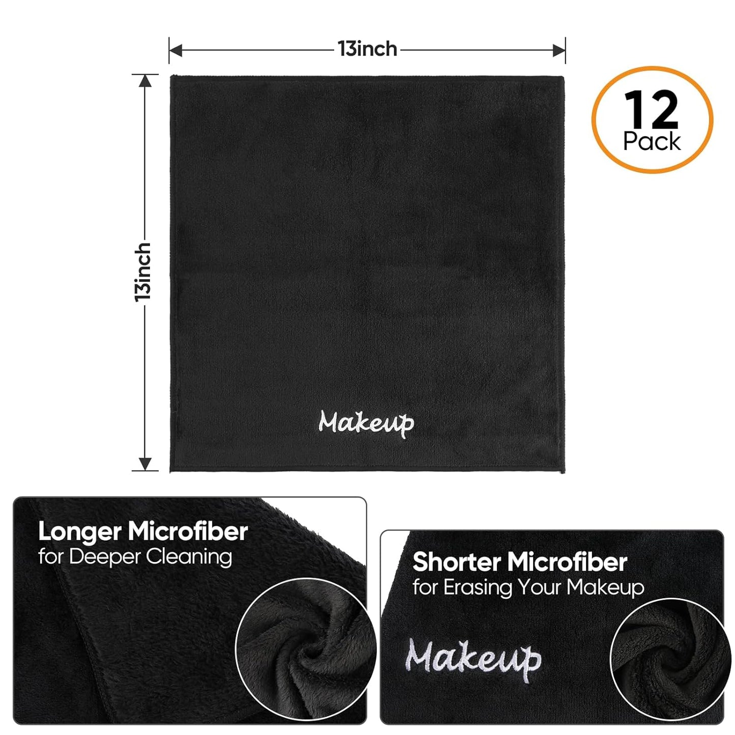 Makeup Remover Cloths - 12 Pack Black Microfiber Towels | Soft Coral Fleece for Face & Bathroom (13" x 13")