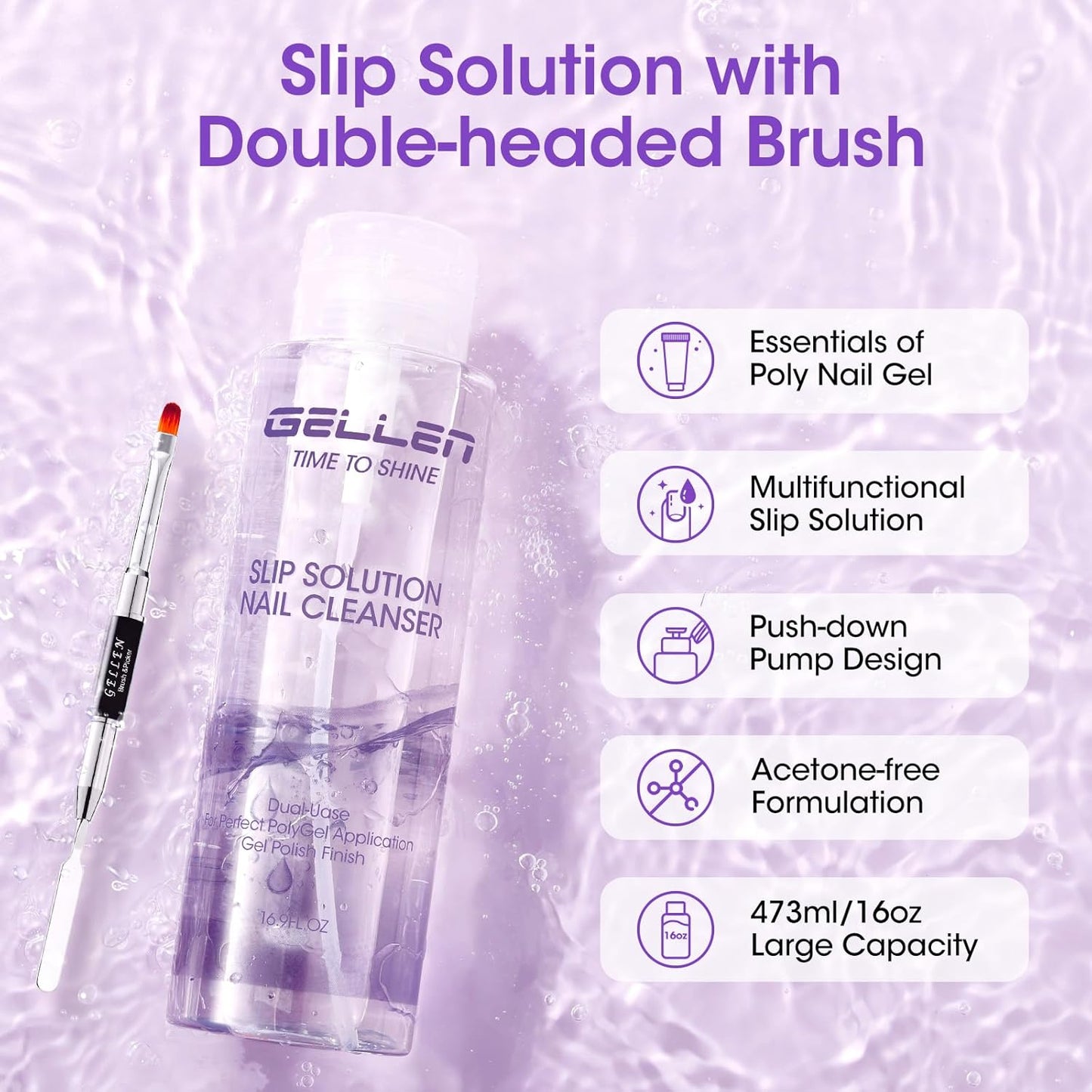 Gellen Slip Solution for Polygel Nails - Anti-Stick Liquid with Pump Bottle | 473ml/16oz