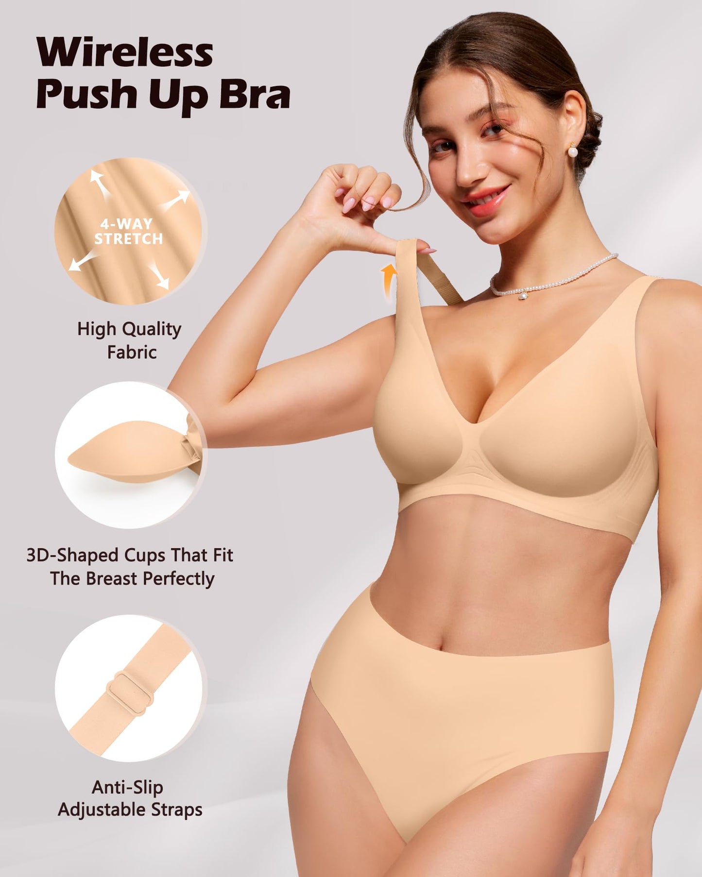 HORISUN Deep V Wireless Seamless Bra Comfortable Push Up Bras for Women No Underwire Everyday Bra with Support and Lift (Nude 36D)