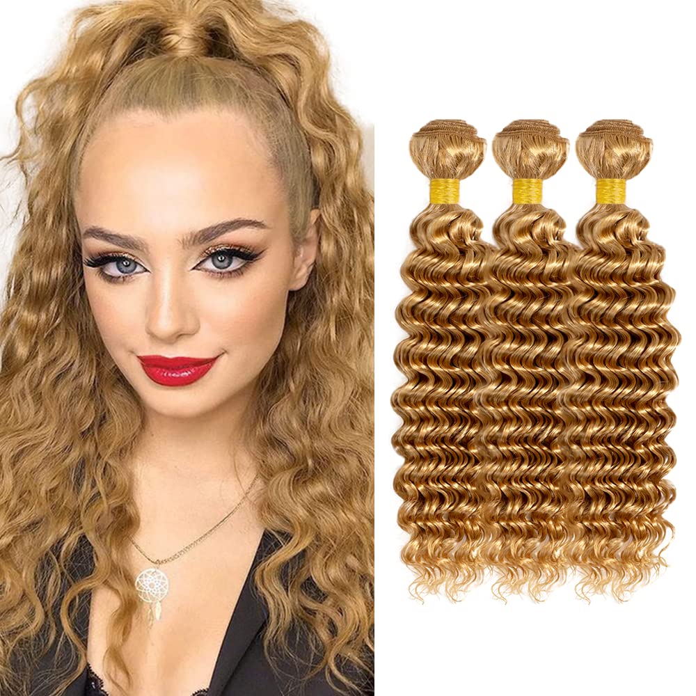 26 28 30 Inch #27 Blonde Bundles Human Hair Deep Wave 3 Bundles Brazilian Remy Hair 50 Grams/Bundle 10A Grade Unprocessed Virgin Hairs Honey Blonde Deep Wave Bundle Weaves Extensions for Women