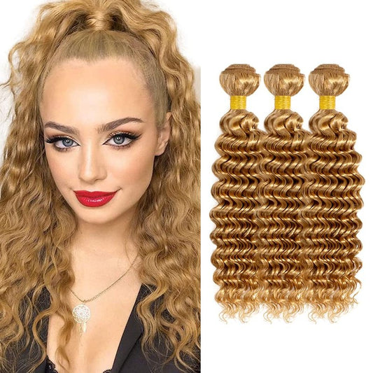 26 28 30 Inch #27 Blonde Bundles Human Hair Deep Wave 3 Bundles Brazilian Remy Hair 50 Grams/Bundle 10A Grade Unprocessed Virgin Hairs Honey Blonde Deep Wave Bundle Weaves Extensions for Women
