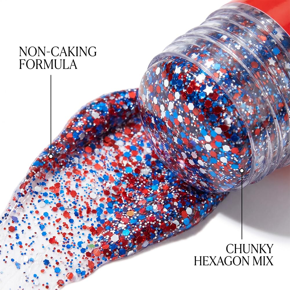 4th of July Glitter Stick, 2026 New Red, White & Blue Body & Hair Sparkle for Independence Day, Face Body Glitter, Sparkle Patriotic Glitter for Soccer Game Celebration (1)