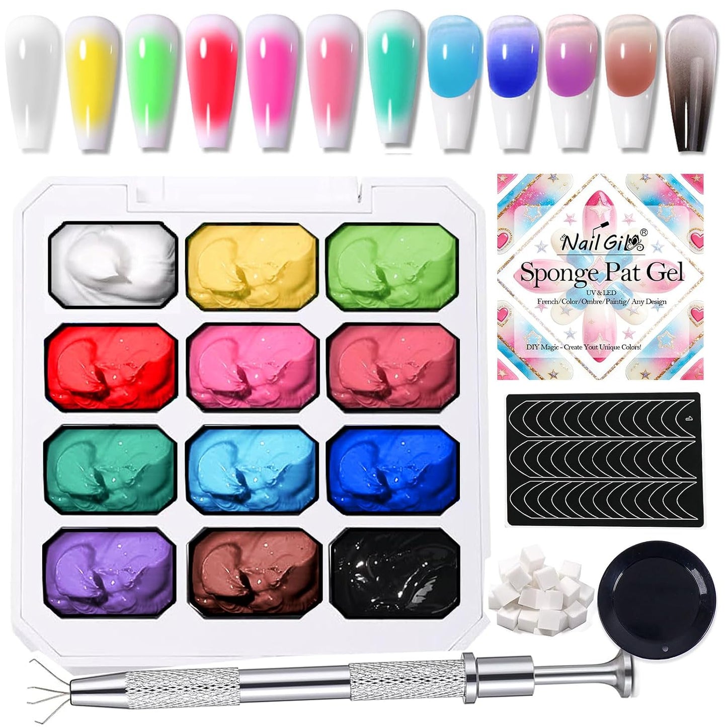 Pat Pat Gel Ombre Nail Art Palette - 12 Colors Gradient Sponge Painting Set for Salon Manicure
