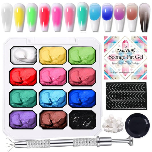 Pat Pat Gel Ombre Nail Art Palette - 12 Colors Gradient Sponge Painting Set for Salon Manicure