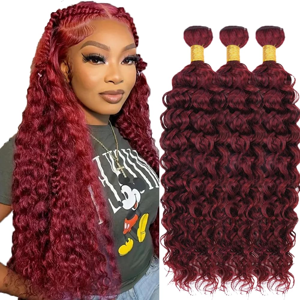 #99J Burgundy Human Hair Bundles Water Wave Bundles 28 28 28 Inch Wine Red Unprocessed Brazilian Virgin Hair 3 Bundle 50 Gram Per Bundle Deals Quick Weave Hair Extensions