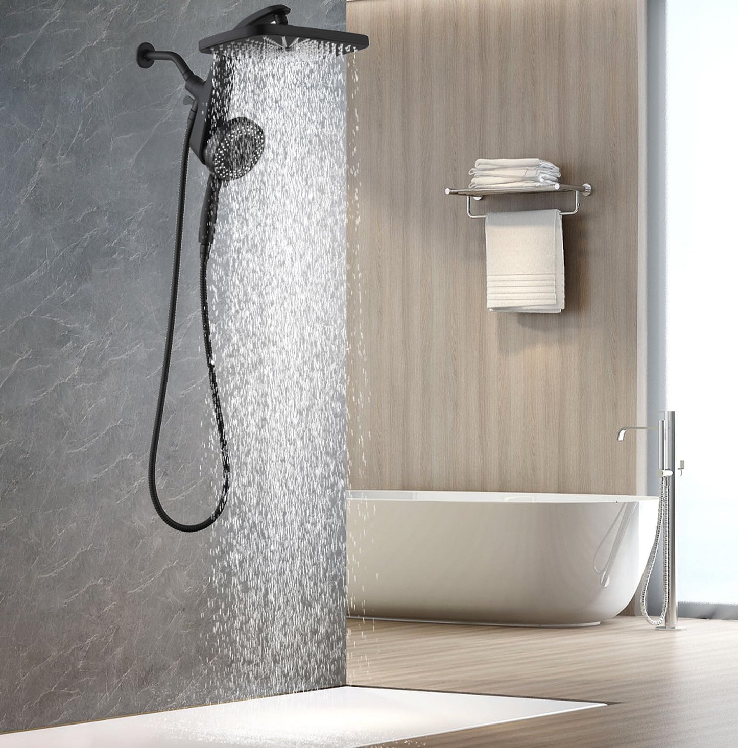 Rain Shower Head with Handheld - High Pressure 12" Rainfall & 9 Spray Options | Magnetic Docking, Black