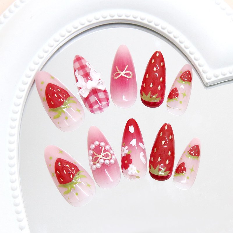 Strawberry Flower Press-On Nails - 24Pcs Medium Almond Acrylic Nails with 3D Heart Pearls & Bow Charms | Pink Gradient Glossy