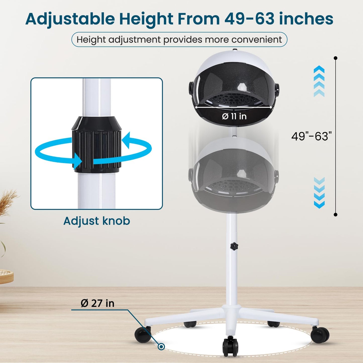 Hooded Hair Dryer, Professional Hood Dryer on Wheels, Sit Under Dryer, Standing Hair Dryer, White