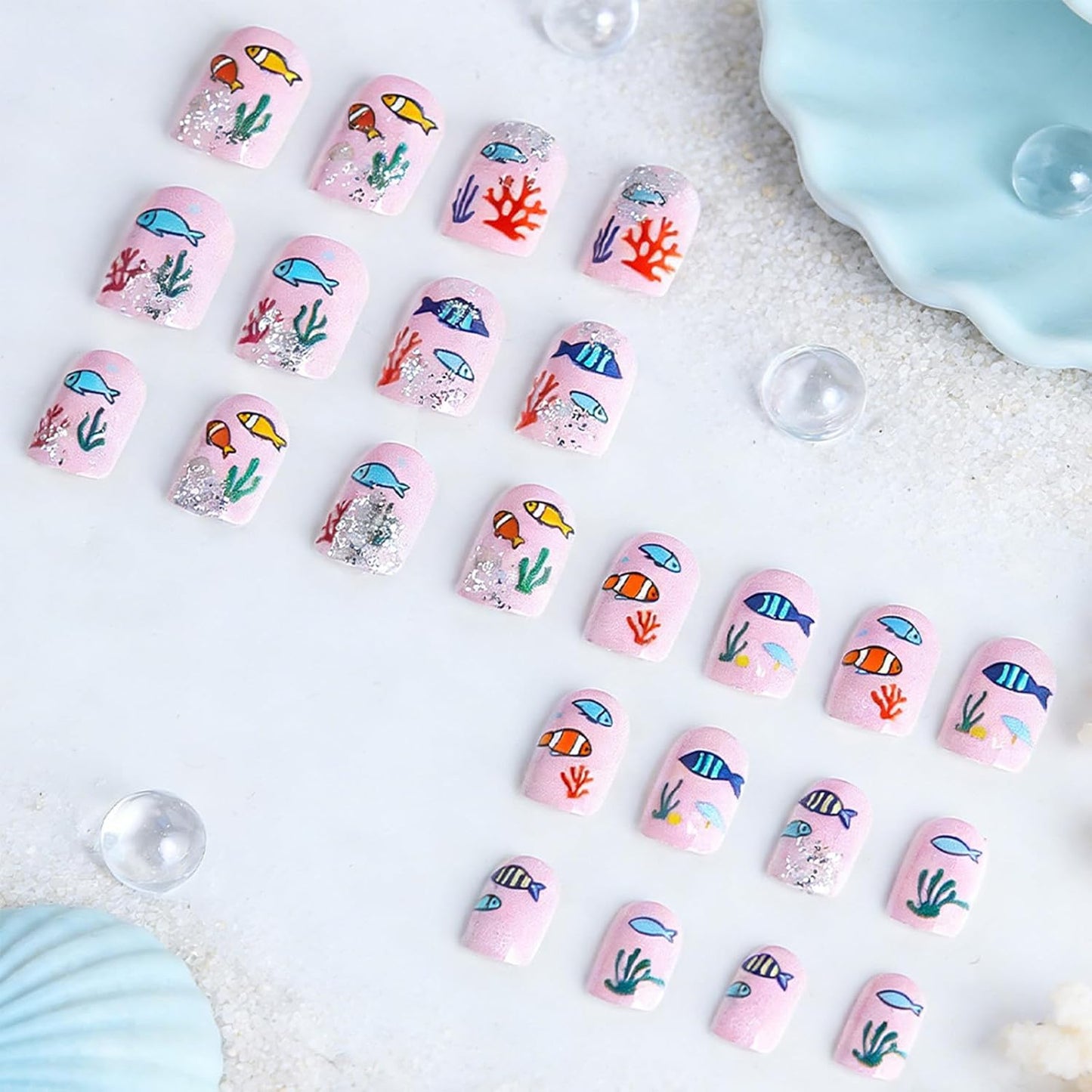 Press On Nails - Short Square Pink Fake Nails with Sea Fish Coral Designs | Glossy Glitter Reusable 24 Pcs
