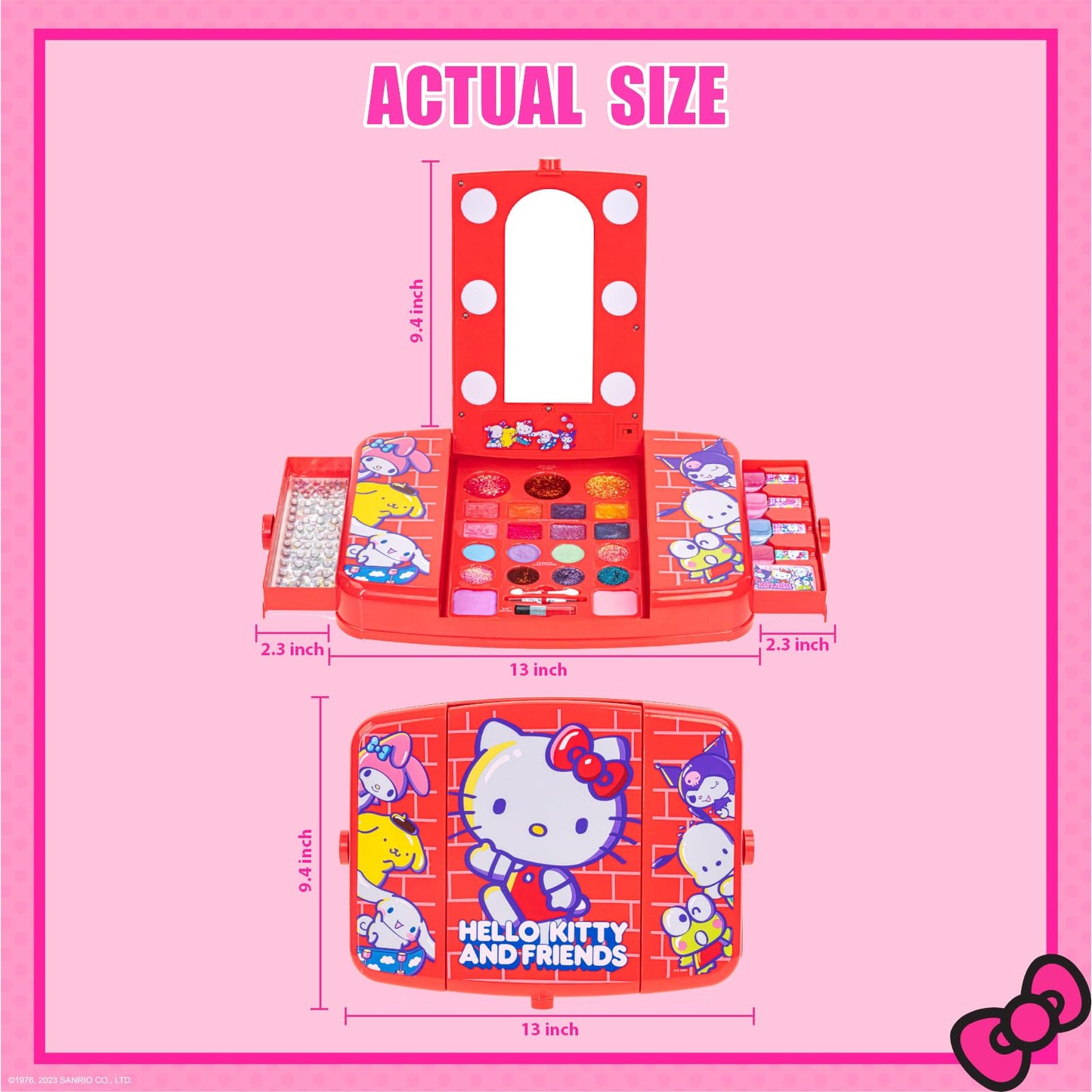 Hello Kitty and Friends Makeup Set for Kids, Beauty Vanity Set with Light-Up Mirror, Includes Lip Gloss, Eye Shadow, Brushes, Nail Polish, Accessories, and More! Gift for Ages 6+ by Townley Girl
