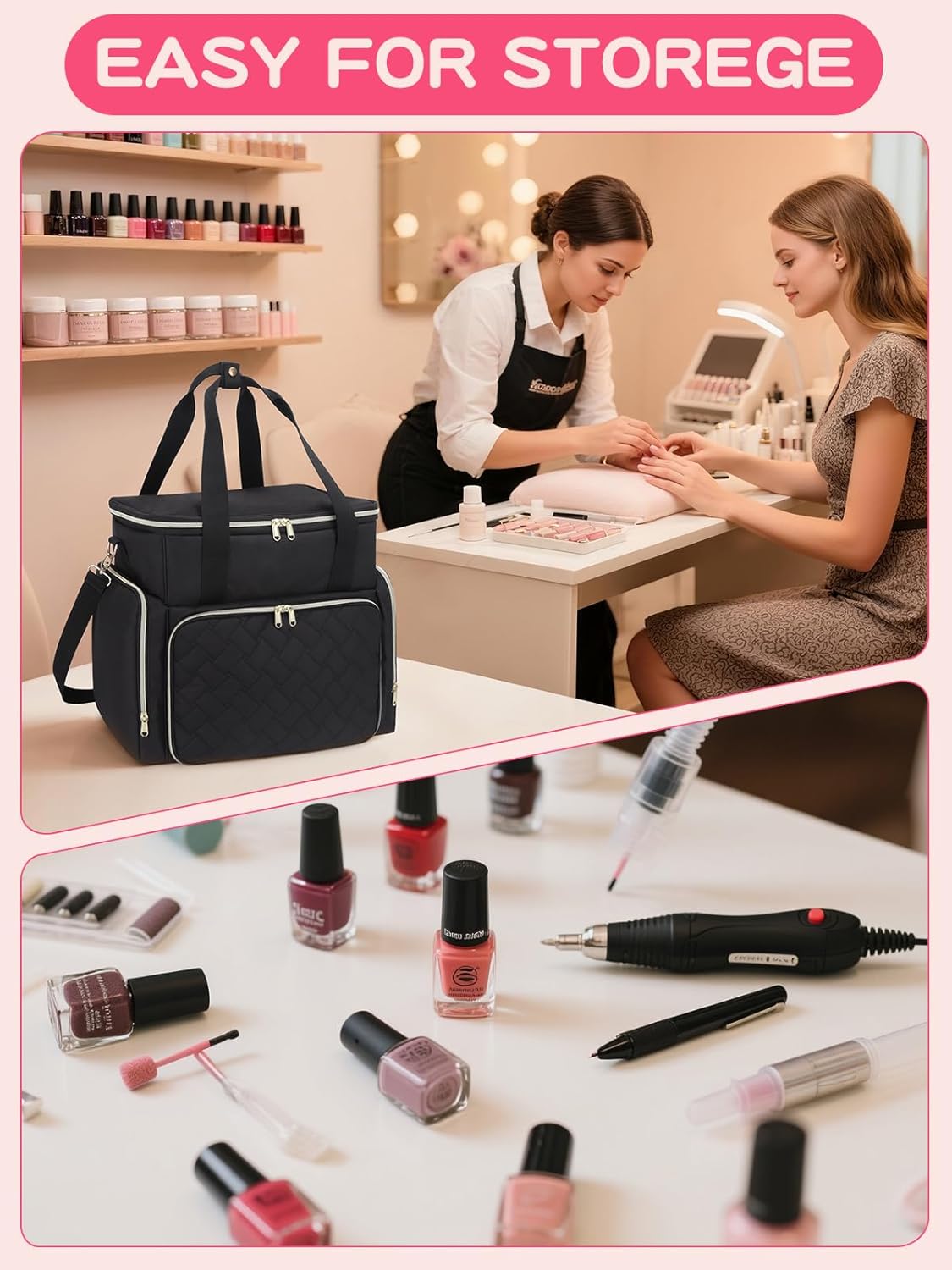 Nail Polish Organizer Case - Holds 96 Bottles (15ml) & Nail Dryer | Gel Polish Bag with 2 Removable Pouches, Black