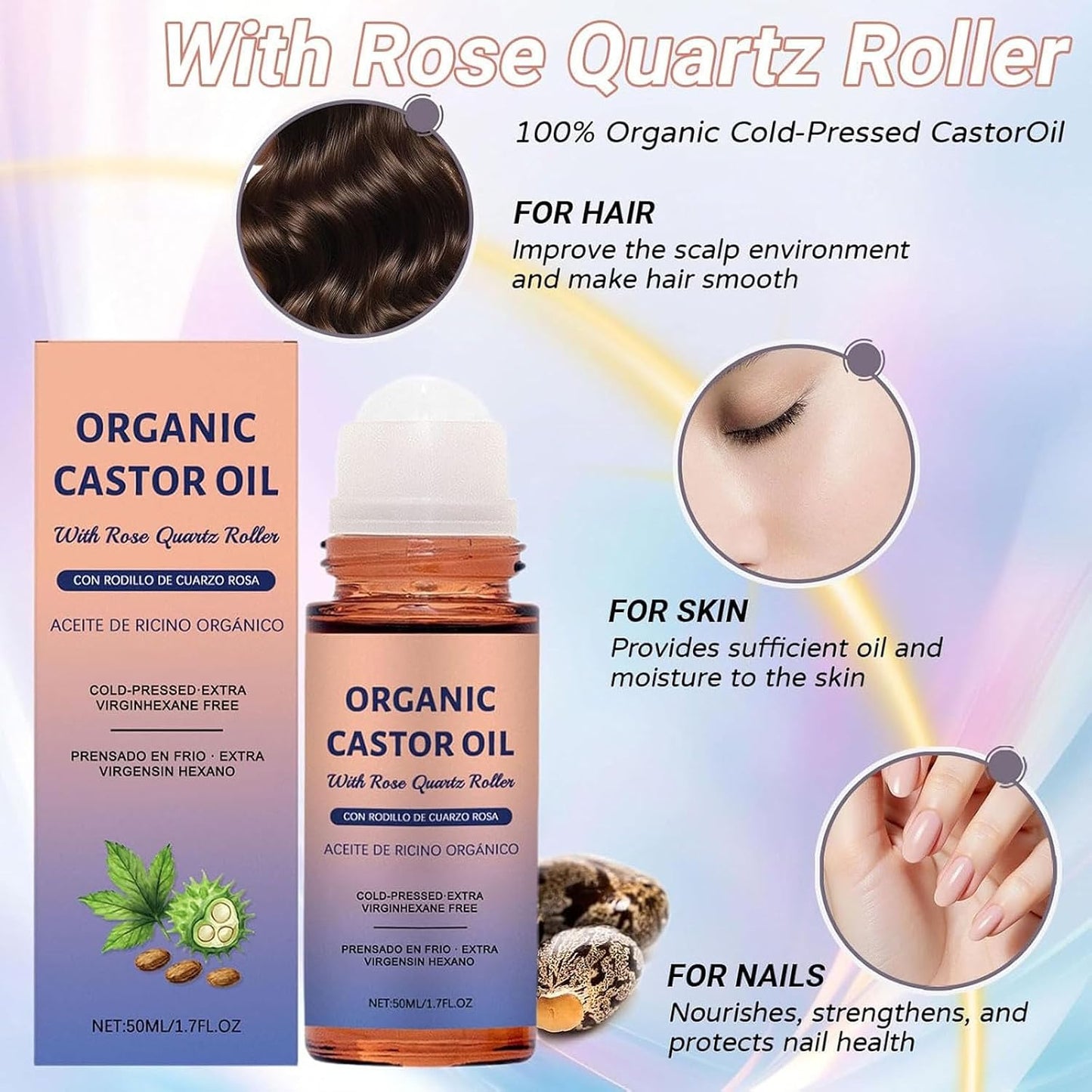 Organic Castor Oil with Rose Quartz Roller - 100% Cold Pressed, Hexane-Free | 1.7oz Amber Glass Bottle