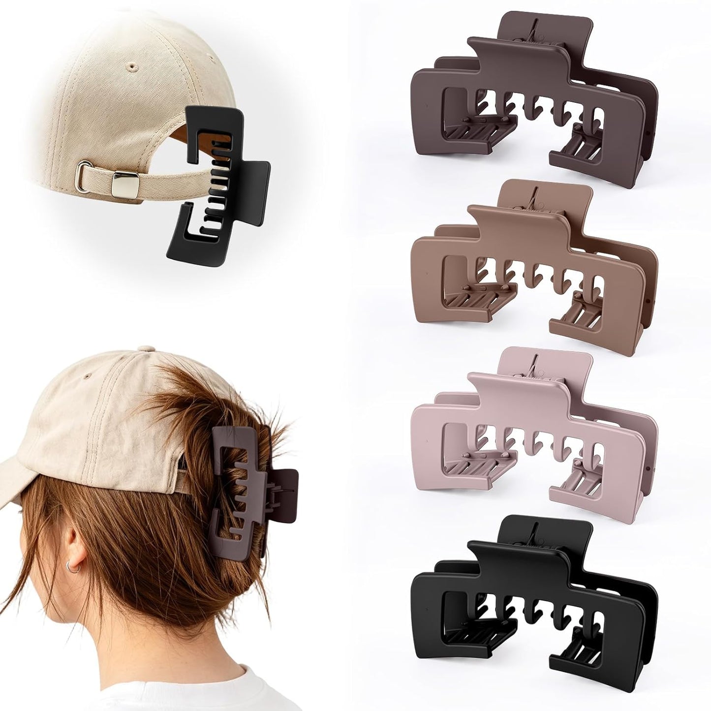 Hat-Friendly Claw Clips - Non-Slip Square Design for Baseball Caps | 4 Pcs Mixed Colors for Thick & Thin Hair
