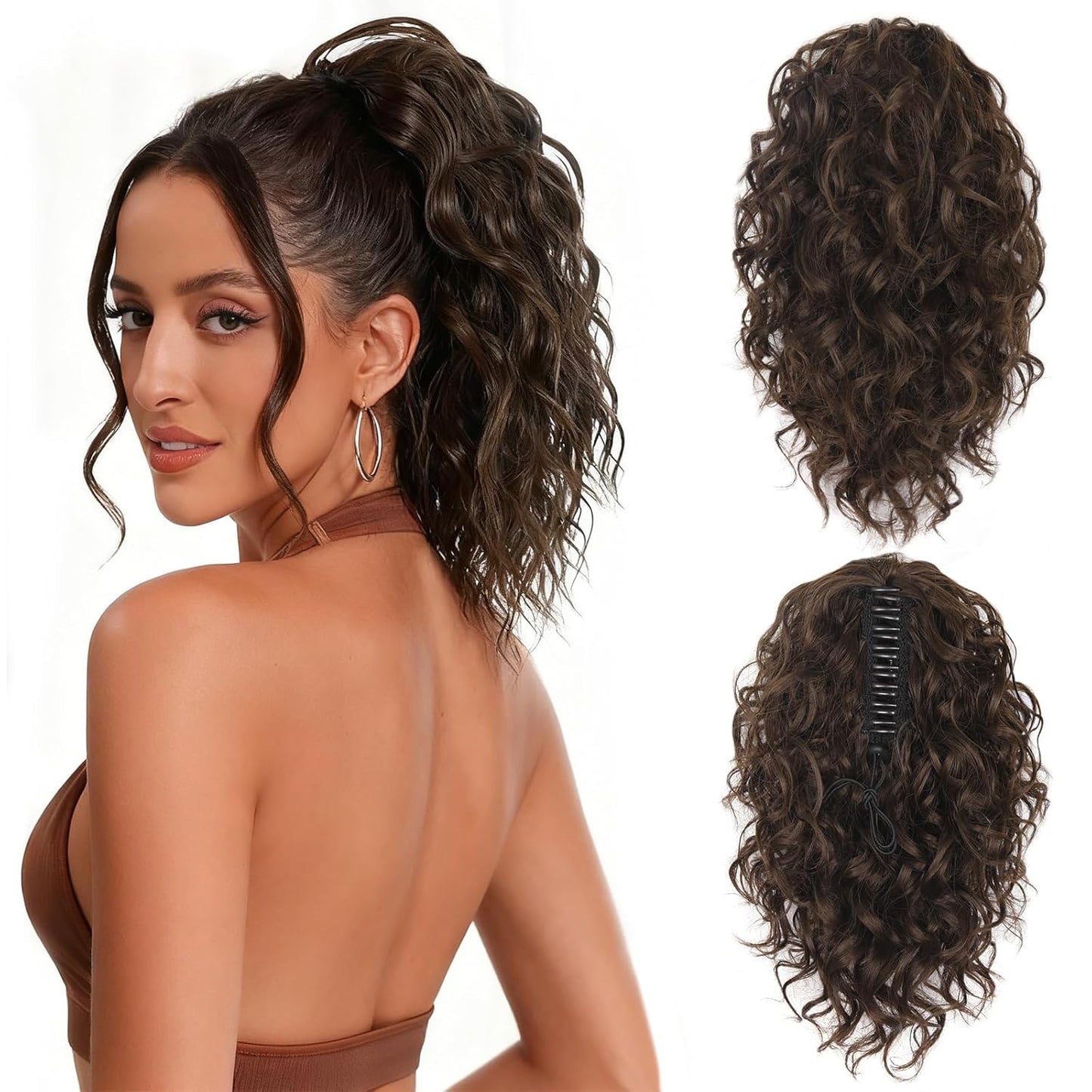 Claw Clip Ponytail Extension - 12 Inch Curly Synthetic Hair Extension | Chocolate Brown