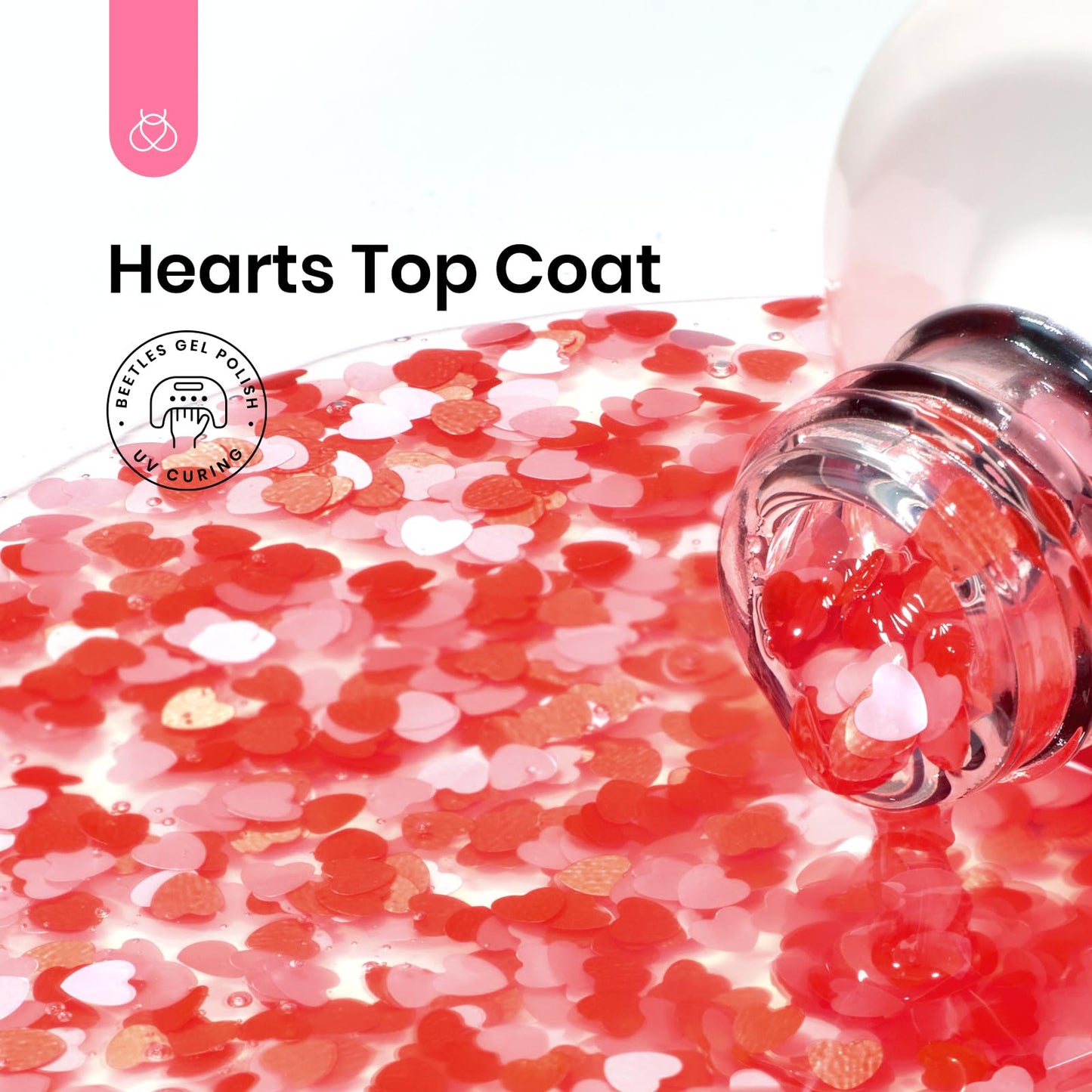 Beetles Heart Glitter Top Coat Gel Polish, 15ml Clear Shine Pink & Red Heart Shape Gel, Soak Off UV No Wipe Gel Top Coat Sparkle Nail Gift for Women