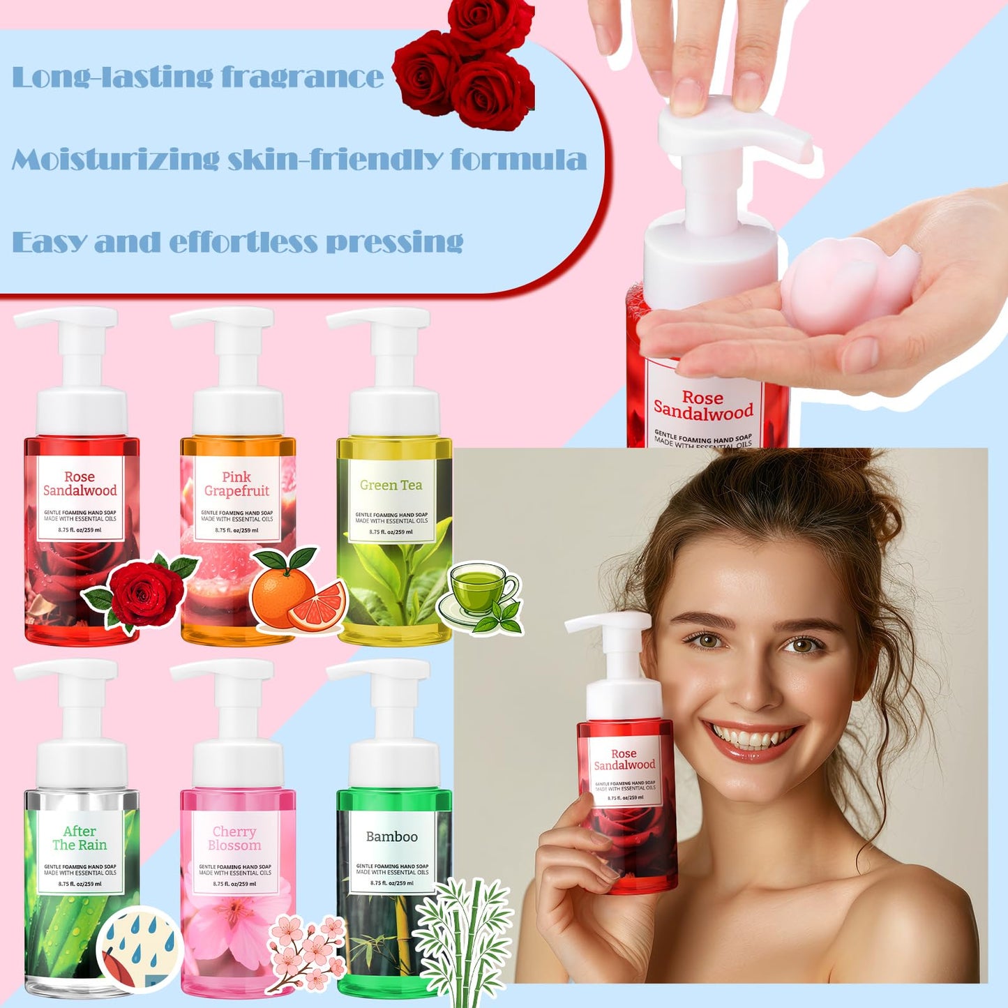 6 Pack Spring Foaming Hand Soap with Pump Care Moisturizing Liquid Gentle Foam Hand Wash Mother's Day Appreciation Gifts Bulk for Kitchen Bathroom Gifts for Teacher Nurse Doctor Employee, 8.75 Fl. oz