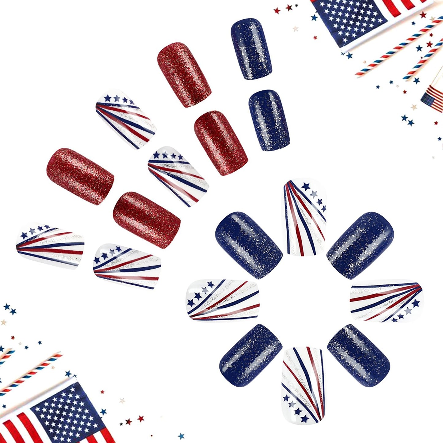 24Pcs 4th of July Press-On Nails - Medium Square Red, Blue & White Glitter Designs | Reusable Patriotic Acrylic Nails for Women