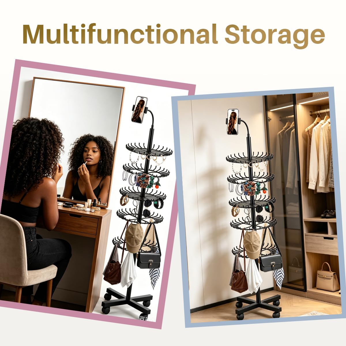 Braiding Rack, SouStoCol Braiding Hair Rack With 140 Pegs, Tray and Wheels, Adjustable Braiding Rack Stand for Hair with Phone Holder for Displaying and Separating Hair (Black)