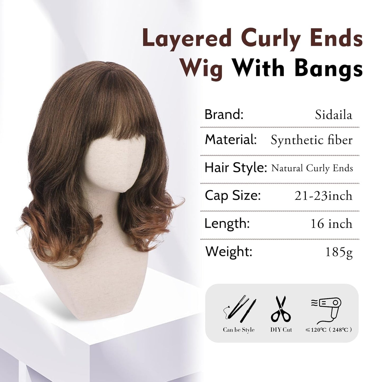 Layered Body Wave Wig with Bangs for Women - 16 Inch Heat Resistant Synthetic Hair | Natural Looking Auburn Mix Dark Brown