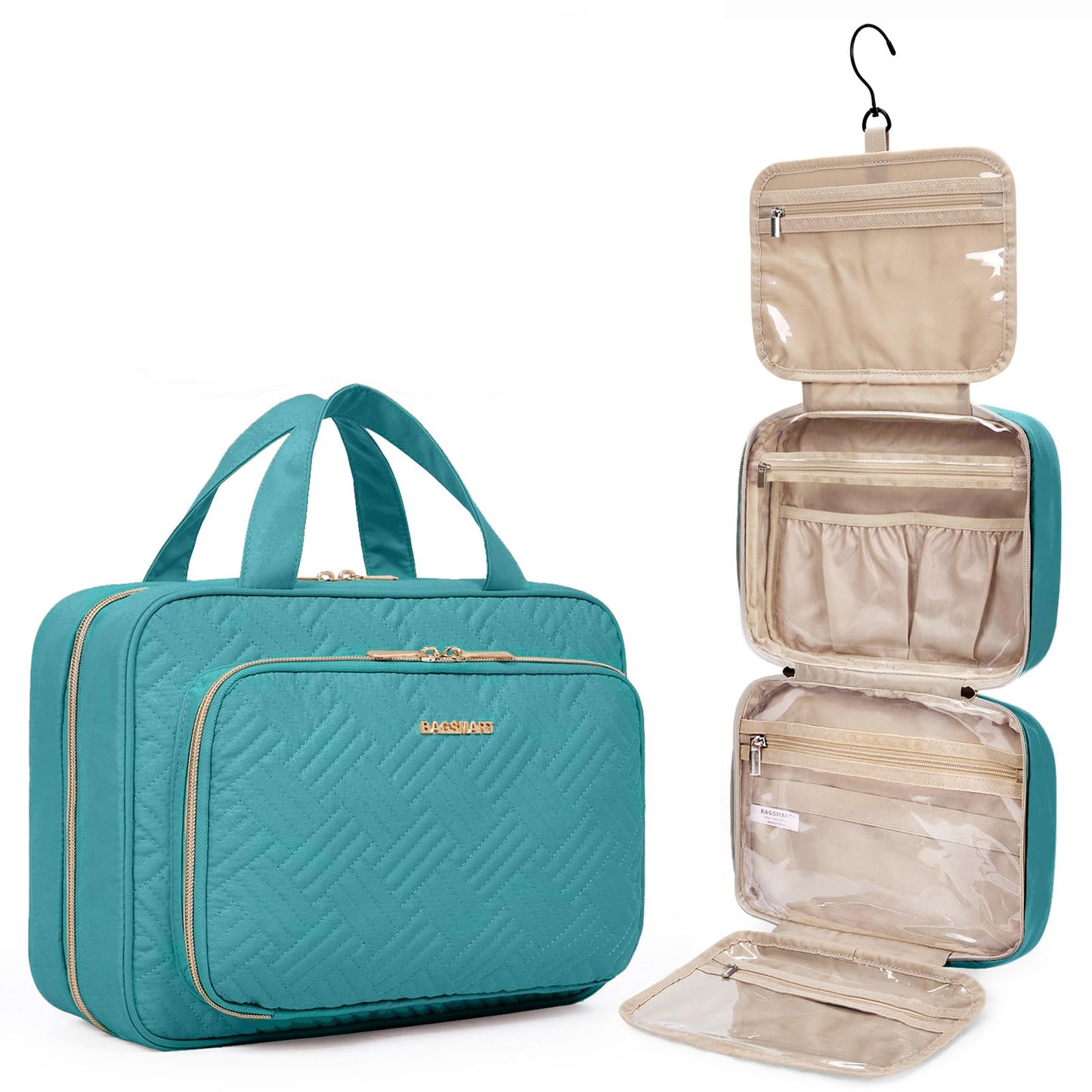 BAGSMART Toiletry Bag Hanging Travel Makeup Organizer with TSA Approved Transparent Cosmetic Bag Makeup Bag for Full Sized Toiletries, Medium-Blue