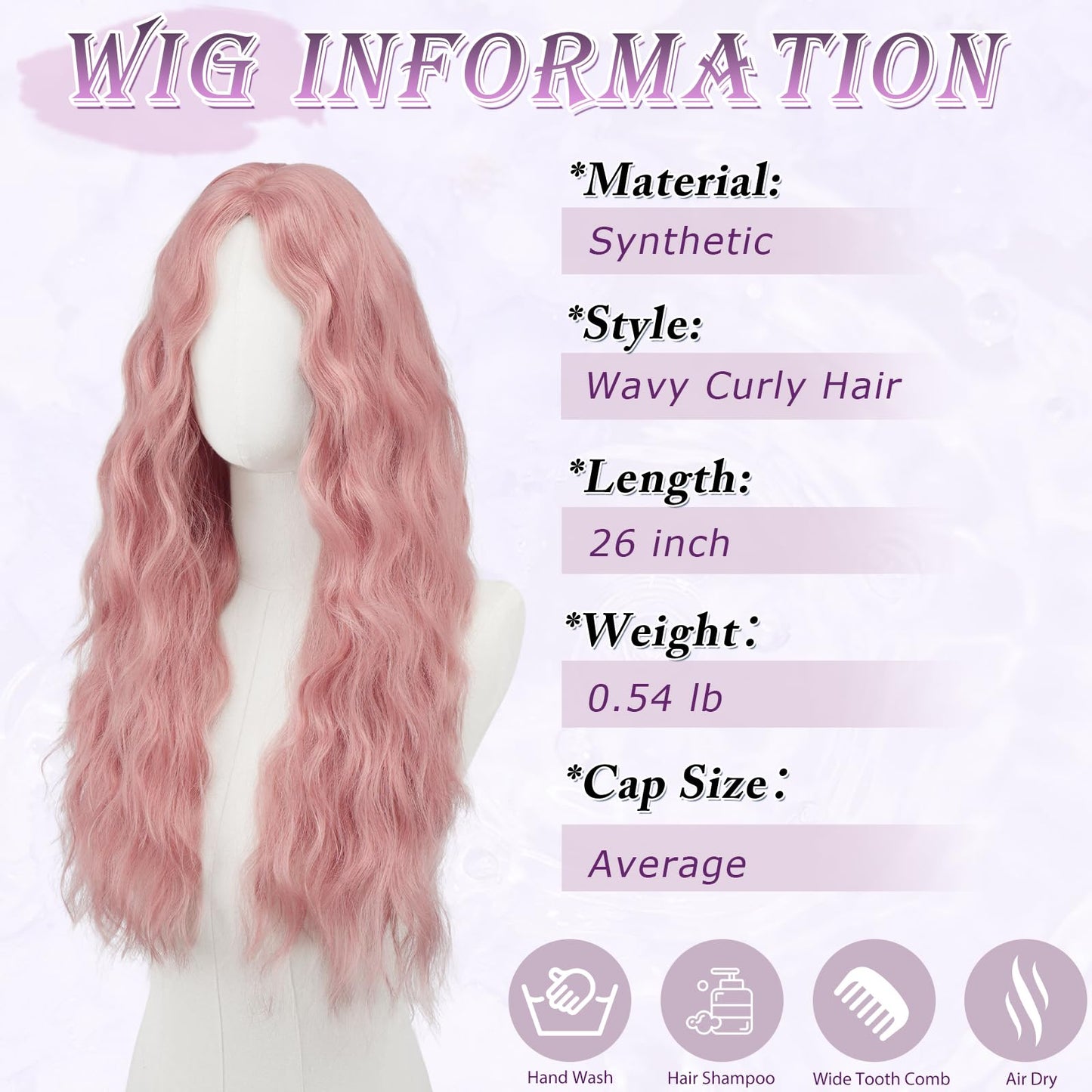 Haloo Pink Wigs with Curtain Bangs - 26 Inch Long Wavy Curly Middle Part Soft Natural Looking Synthetic Hair Wig for Women Daily Party Cosplay Costume Use