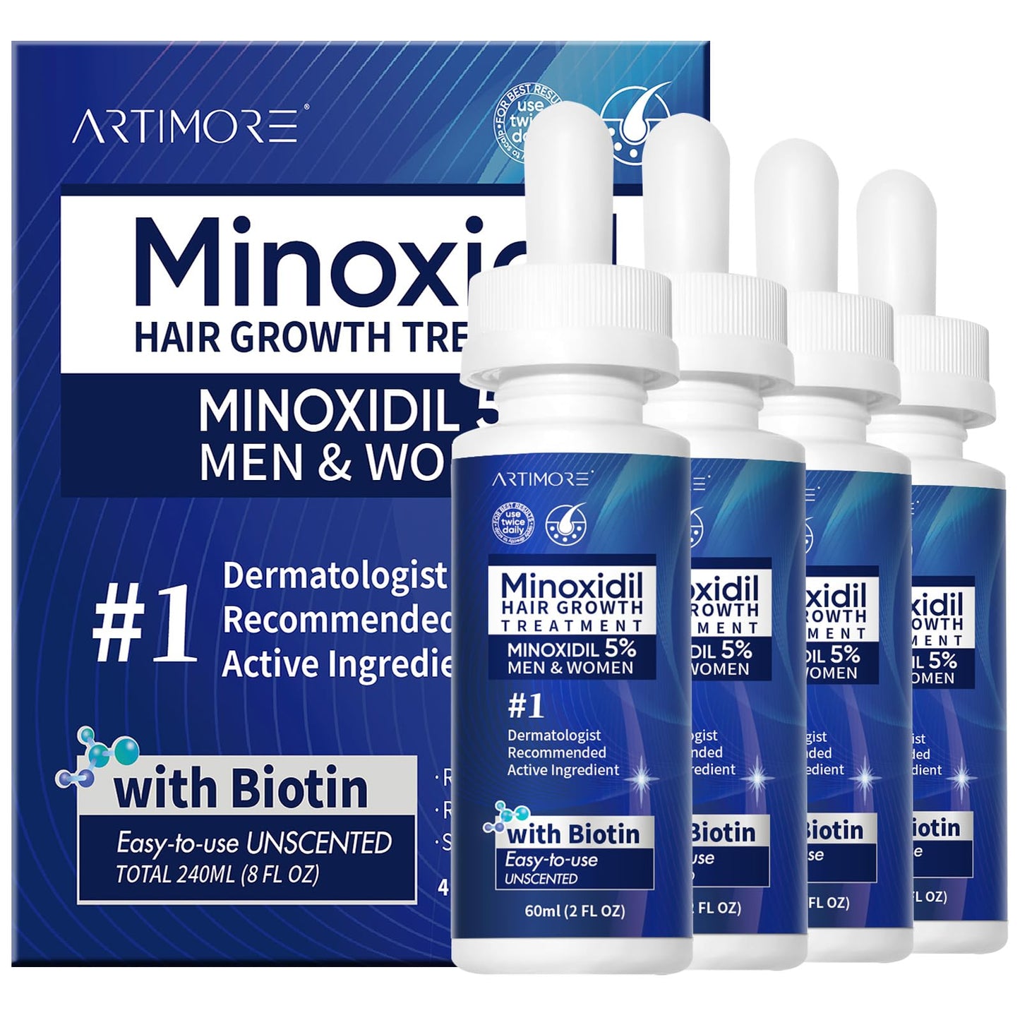 5% Minoxidil Hair Growth Serum for Men & Women with Biotin: Minoxidil for Men and Women, 5 Percent, Hair Regrowth Treatment, Extra Strength (8 FL OZ, Dropper 4pcs)