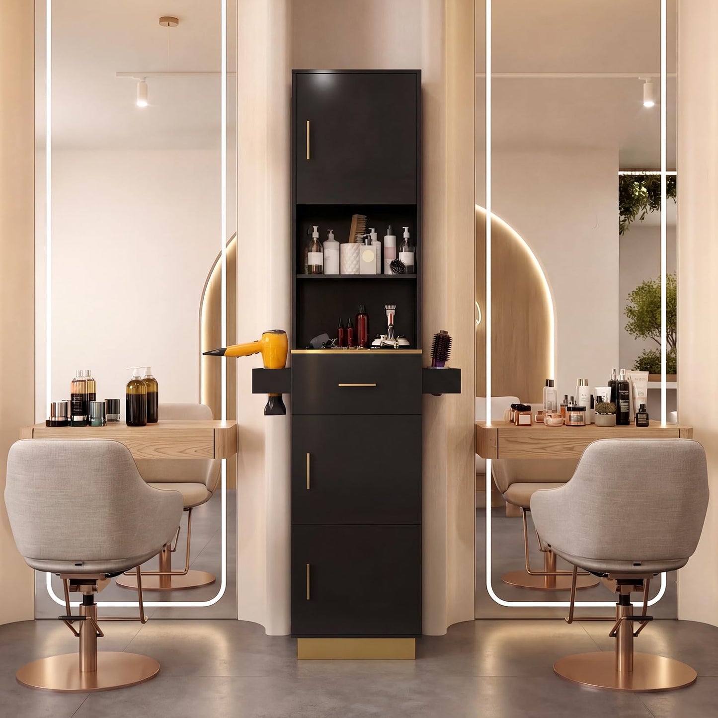 Oakvera Tall Hair Salon Station for Hair Stylist with Storage (Black)