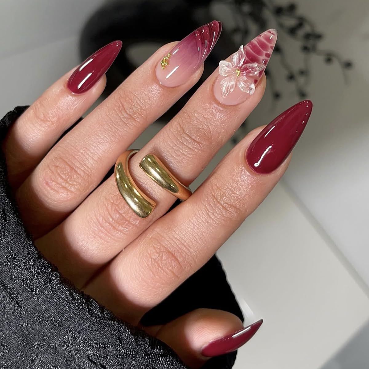 French Tip Almond Press-On Nails - Cat's Eye Acrylic with 3D Charms | 24 Pcs Set