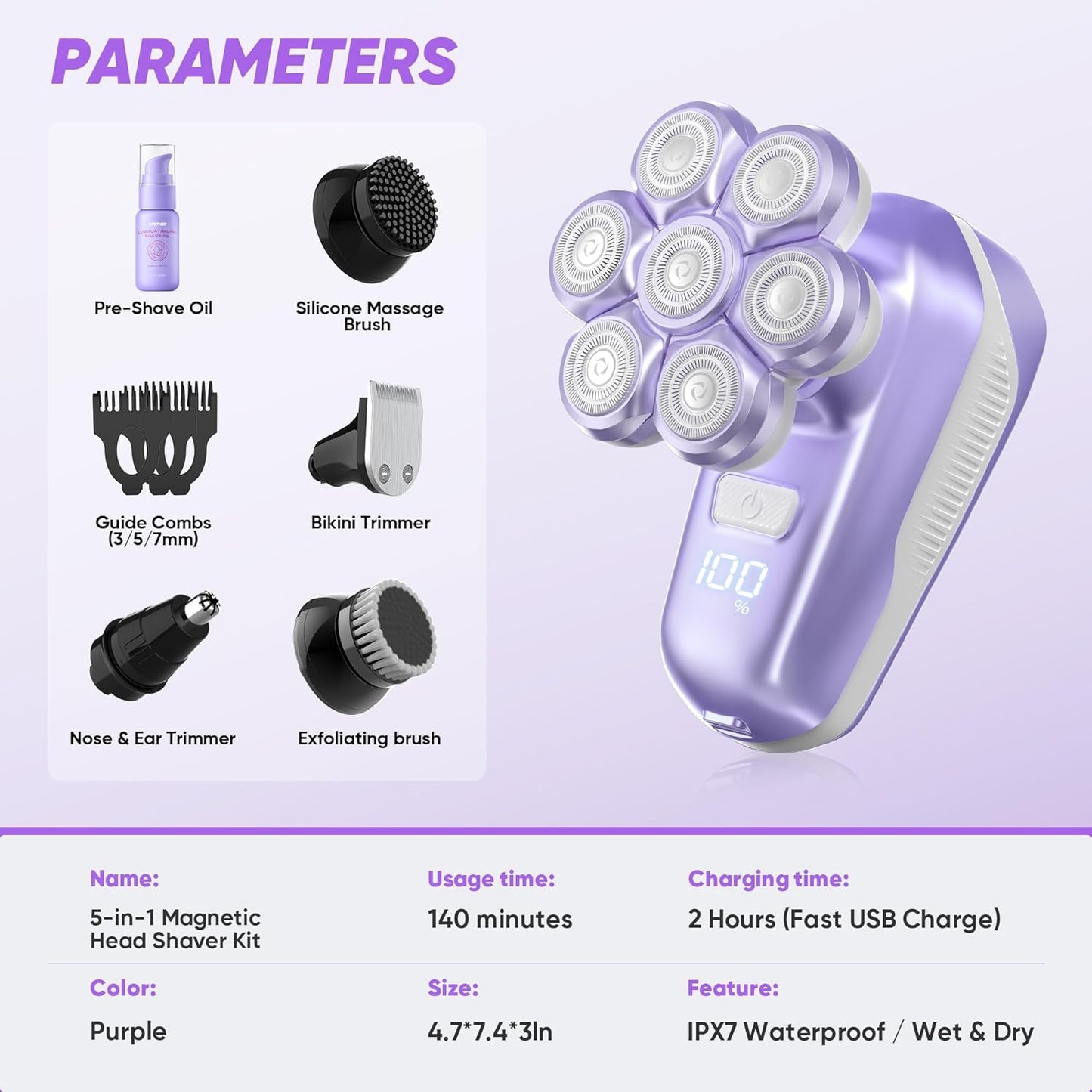 Electric Shaver for Women - 7D Magnetic Heads, Waterproof Wet/Dry Razor | USB Rechargeable, Purple