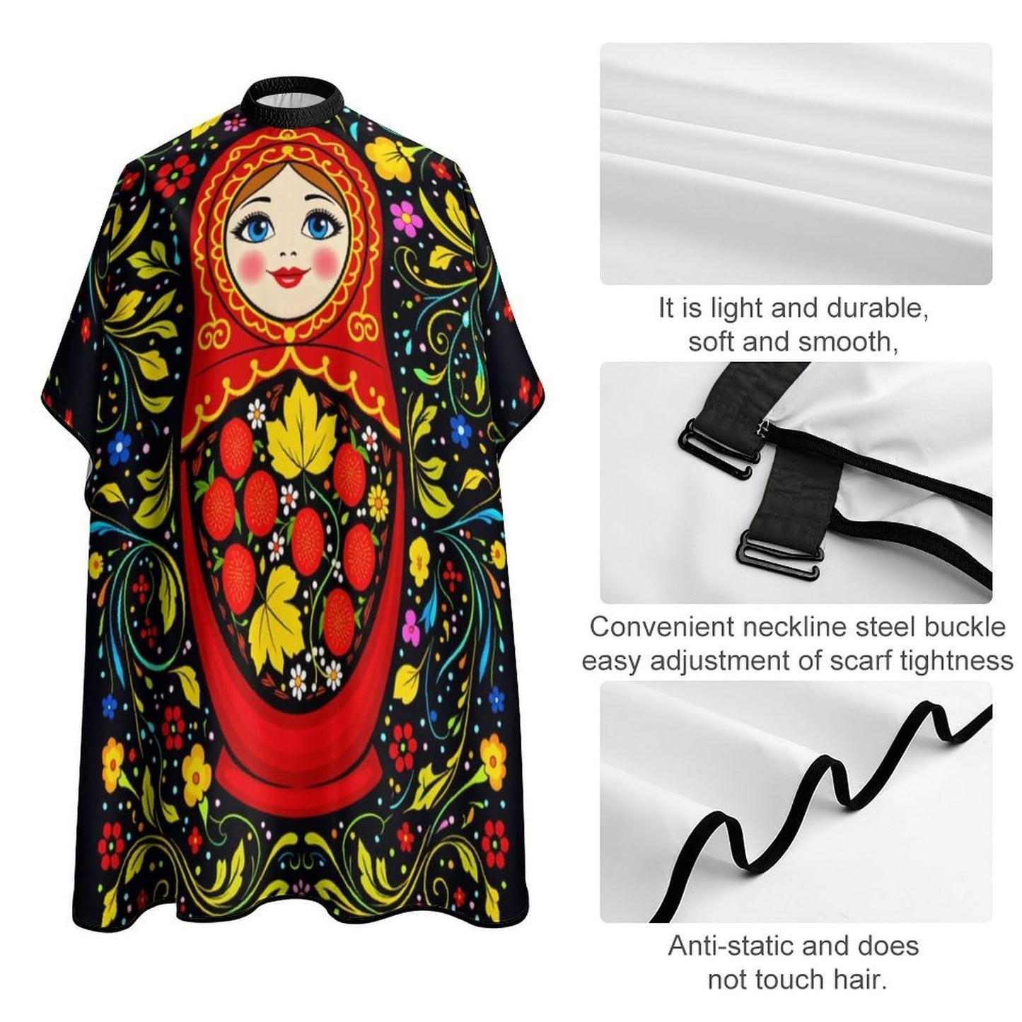 PGDFHGF Russian Doll Floral Adult Barber Apron for Men Women, Soft Durable Hairdressing Cape with Adjustable Snap Closure for Home Use Barbershops Salons