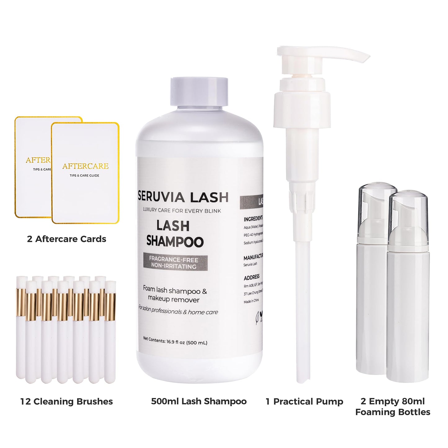Seruvia Unscented Lash Shampoo Bulk Refill - 500ml Eyelash Extension Cleanser, Oil-Free Lash Wash for Sensitive Eyes (Includes 2 Foaming Bottles, 12 Brushes & 2 Aftercare Cards)