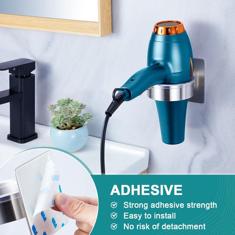 YAYINLI Hair Dryer Holder Wall Mount, Blow Dryer Holder Wall, Adhesive Hair Dryer Hanger, Blow Dryer Organizer, Hair Tools Organizer for Bathroom Salon Barber Shop Hotel (Silver)
